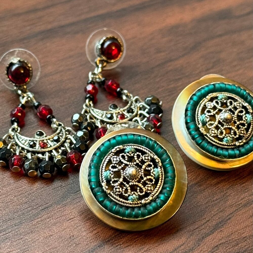 Vintage 90s Bohemian Beaded Earrings, Two Pairs